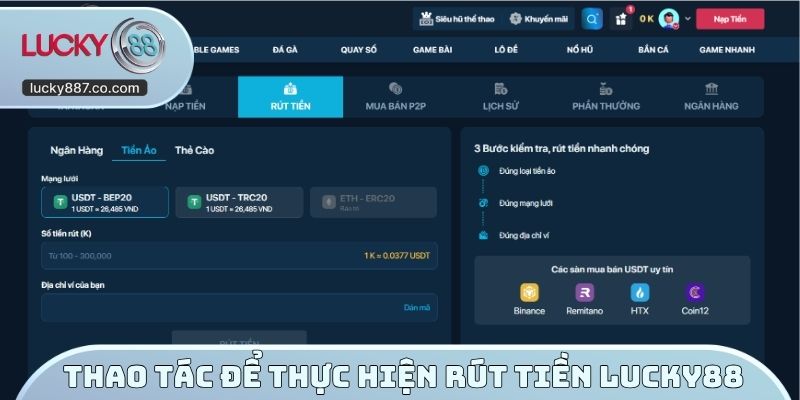 Thao tác để thực hiện rút tiền LUCKY88
